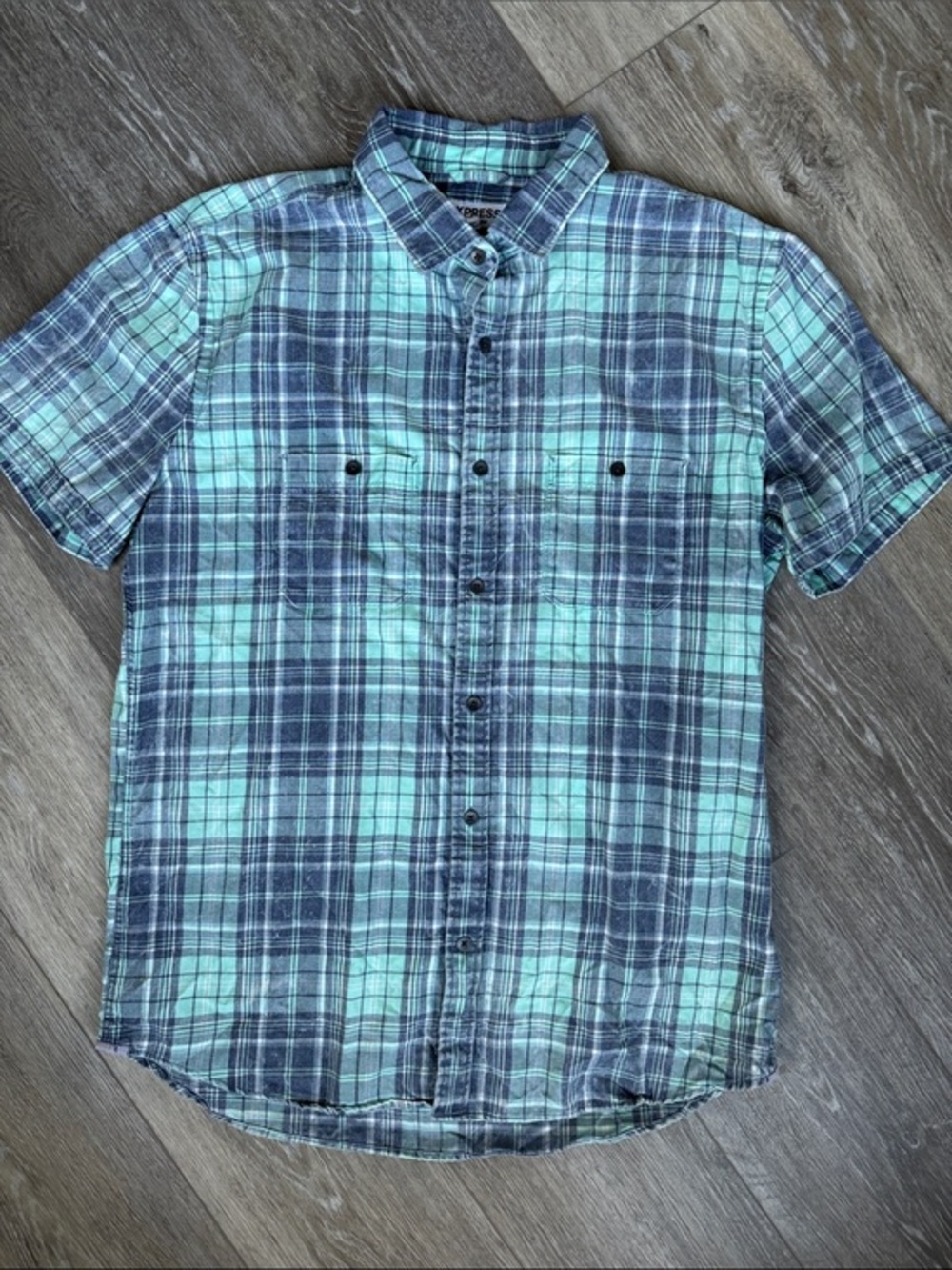 Express Men's Short Sleeve Plaid Button-Down Shirt - Mint & Navy,